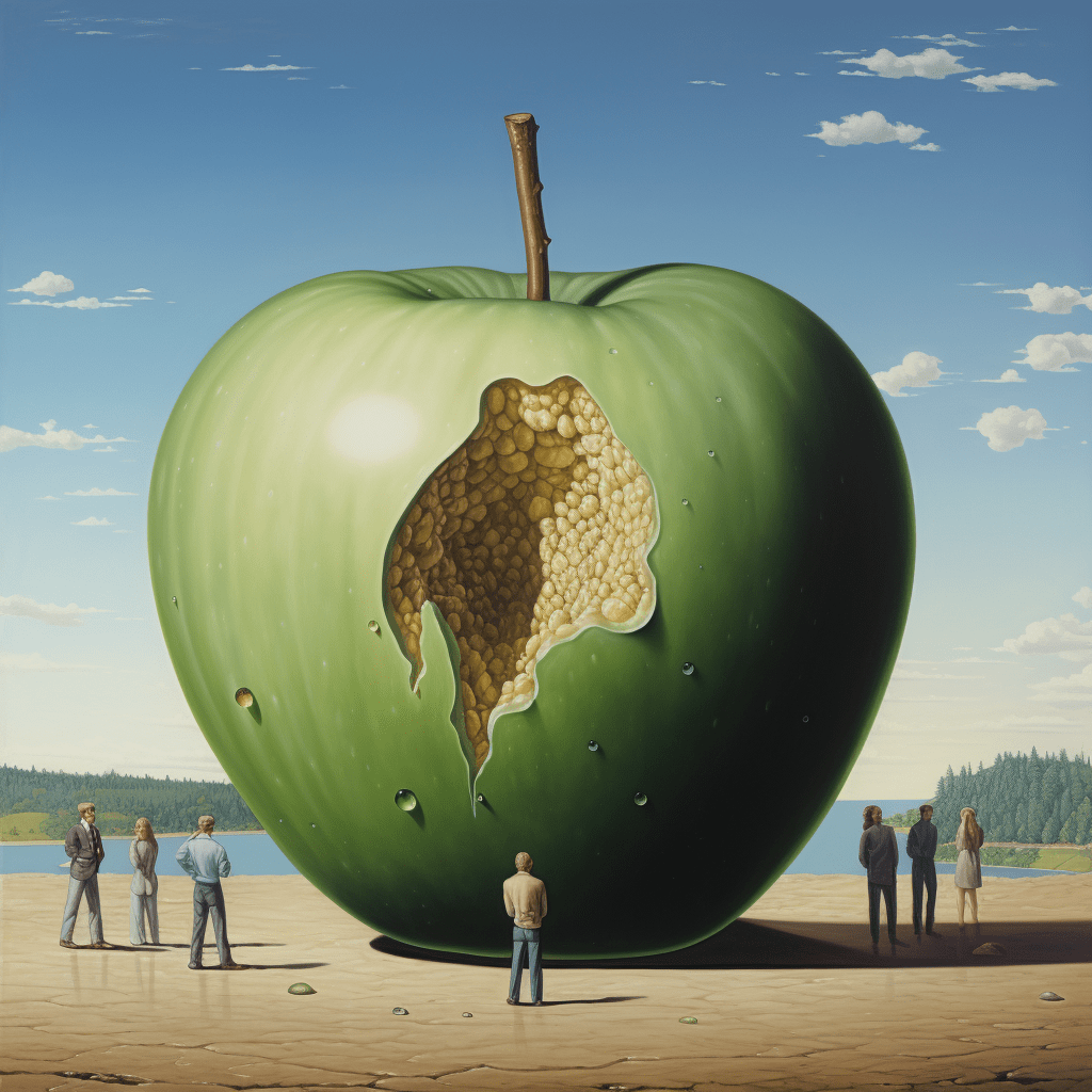 Humanity: a René Magritte style painting, generated by Midjourney