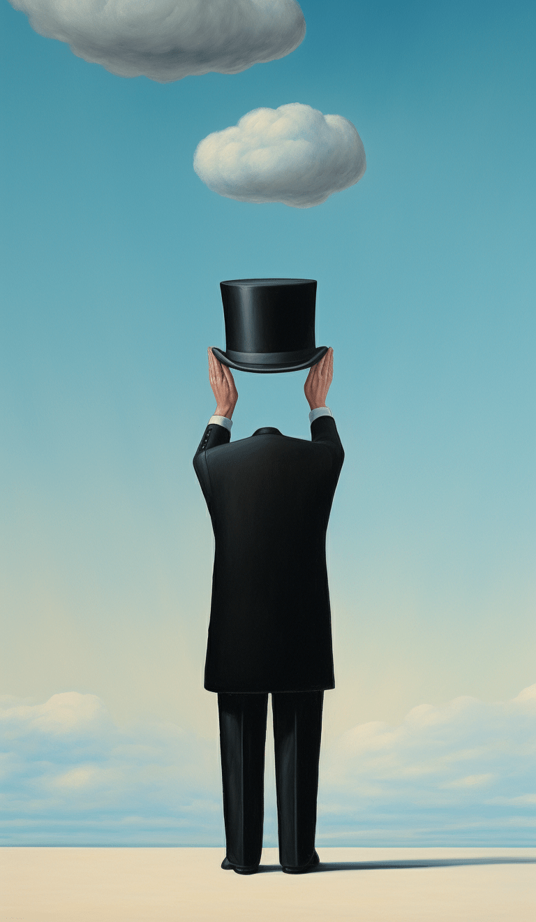 Hands-On: a René Magritte style painting, generated by Midjourney