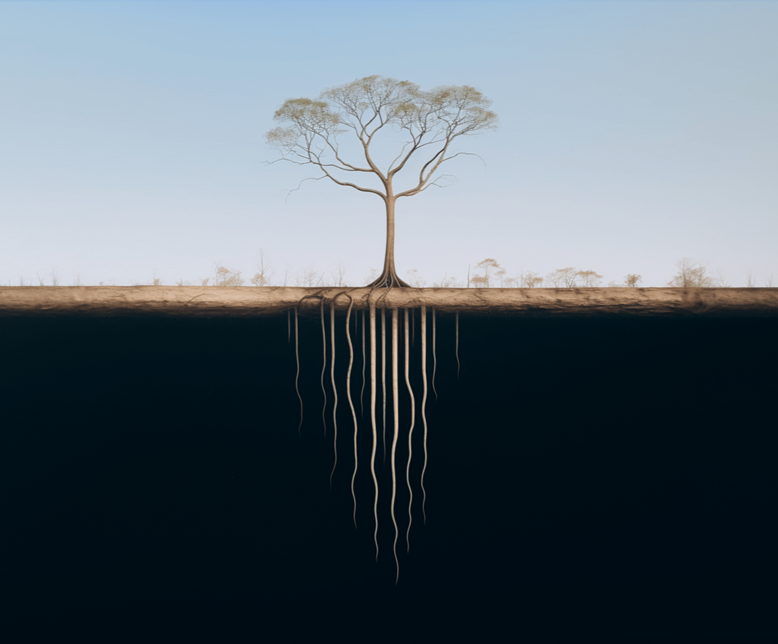 Roots: a René Magritte style painting, generated by Midjourney